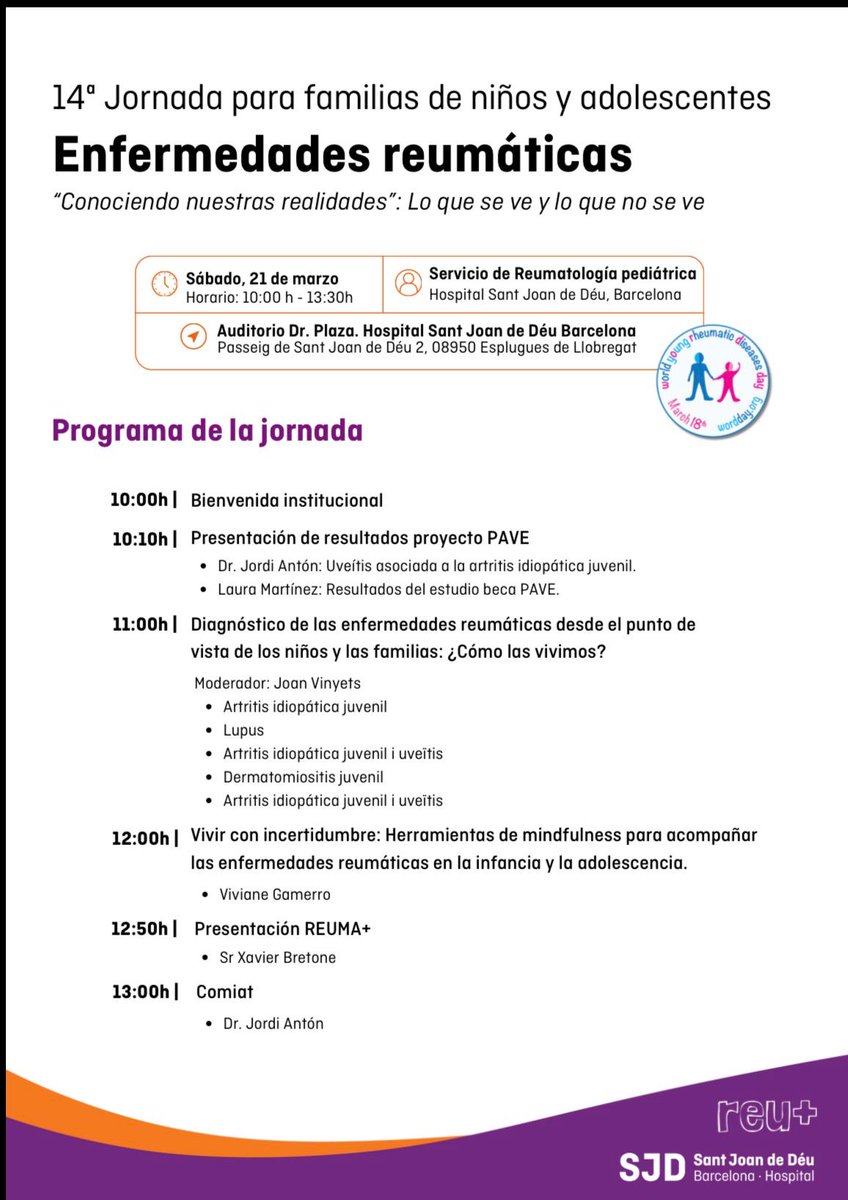 SERPE_ReuPed's tweet photo. 🗓️ ¡Guarda la fecha! El próximo sábado 21 de marzo celebramos la 14ª Jornada para familias de niños y adolescentes con enfermedades reumáticas.  
📍 Hospital Sant Joan de Déu (@SJDbarcelona_es), Auditori Dr. Plaza.
🕙 10:00h - 13:30h.  
#WORDDay2026 #Reumatología #SJD https://t.co/QEA29BsNt1
