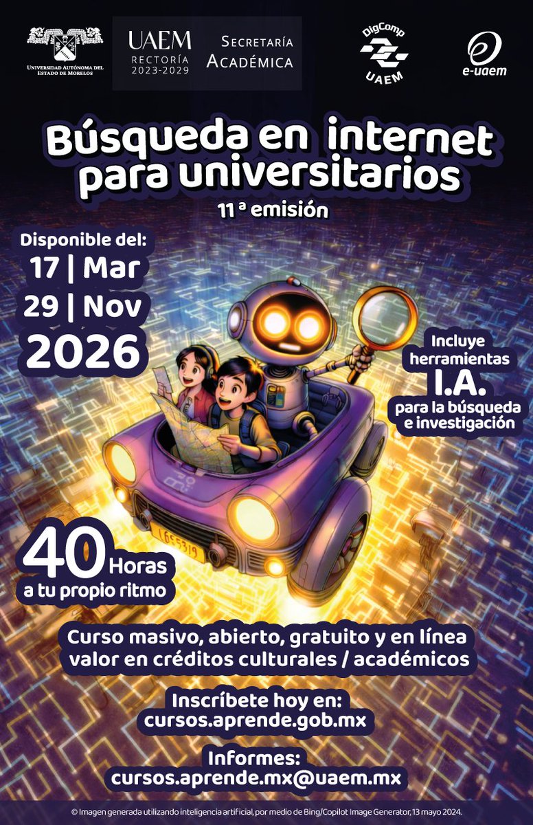 ¿Estás escribiendo tesis, tesina o ensayo? 📚
Aprende a encontrar fuentes académicas confiables y a usar herramientas con IA para investigar mejor.
Inscríbete al curso Búsqueda en Internet para universitarios.
🔗 cursos.aprende.gob.mx/courses/course…