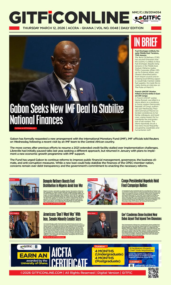 The Digital Front Page Daily Newspaper Headlines by GITFiConline. Thursday, 12 March 2026. Accurate, Precise, Informative and Relevant.

#GiTFICAgenda2031 (#GlobalDebtinitiative , and #AfCFTA)