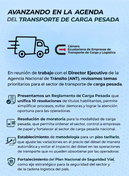 CeetlogisticaEc's tweet photo. Gestión:

Desde la Cámara Ecuatoriana de Empresas de Transporte de Carga y Logística continuamos impulsando propuestas técnicas que permitan ordenar, fortalecer y modernizar el transporte de carga en el Ecuador.

A esta reunión nos acompañaron los representantes de: @confetrape  @UTRAPE 

@ANT_ECUADOR 
@MIT_Ecuador