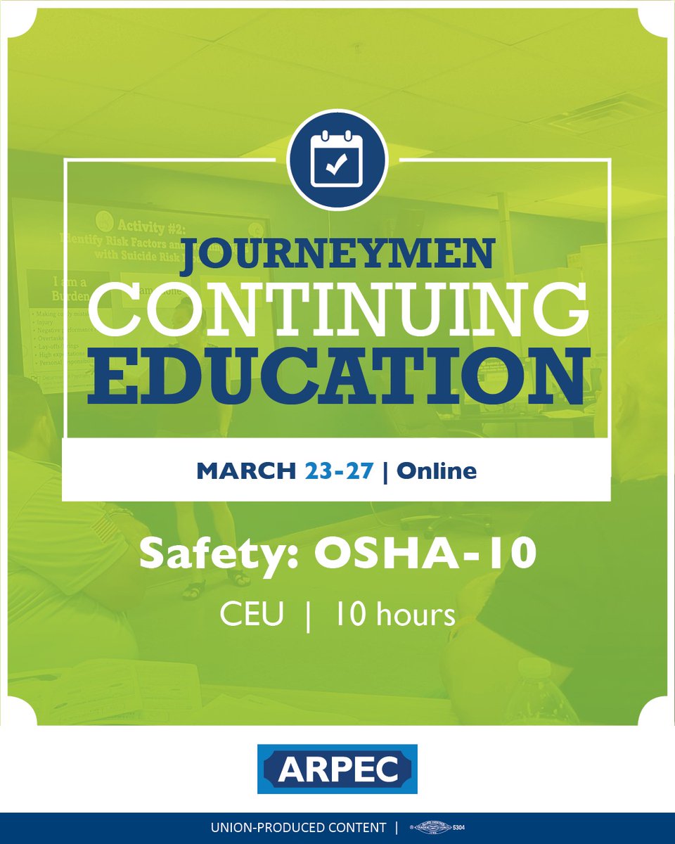 MCAsfla's tweet image. 🦺 OSHA‑10 Safety Training - @ArpecSchool 
3/23–27 | Online
Learn key safety fundamentals, workers’ rights, employer responsibilities, &amp;amp; how to identify major jobsite hazards.
🎓 Earn your official OSHA 10‑Hour DOL card
📘 CEUs: 10
👉bit.ly/4b81qDC
#Mcasfla #MCASF #lu725