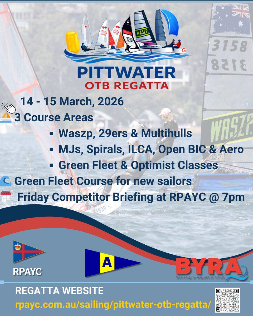 The countdown is on for the Pittwater Off The Beach Regatta 2026!
It’s set to be a big weekend on the water.
📍 Don’t miss the Race Briefing at RPAYC – Friday at 7pm
🍽️ Halyards Bistro Open
👉 Visit rpayc.com.au/sailing/pittwa…