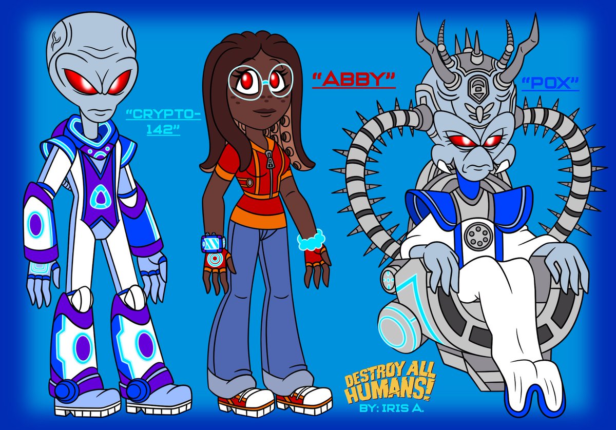 IrisAceves5's tweet photo. Crypto (well now 142 clone and a father of Hayley and Miffy), Pox (who created Hayley and Miffy from Crypto’s DNA), and Abby. #Abby #DestroyAllHumans #DestroyAllHumansOC #DestroyAllHumansGame #DestroyAllHumansFanart @irisaceves5 https://t.co/1uUQasCPIT