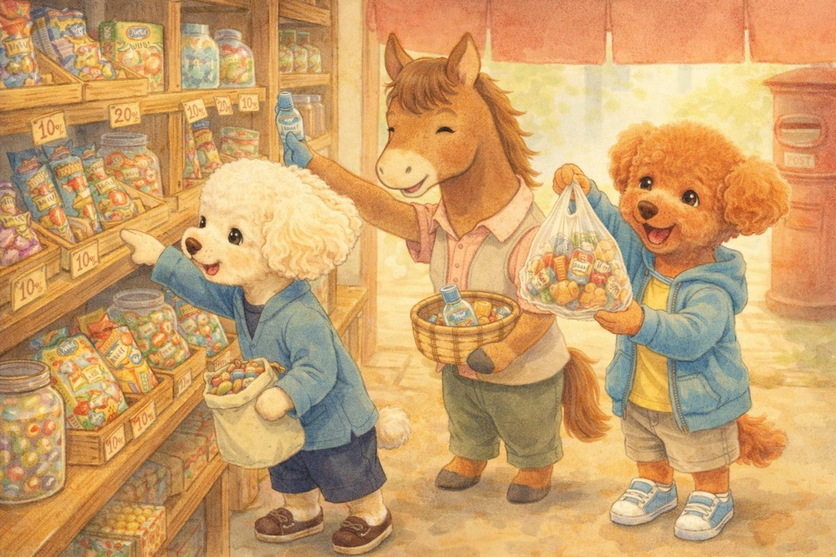 hiroinuneko's tweet photo. 本日のワンショット🐶
🐾ほのぼのシリーズ🐾

むかしながらの駄菓子屋さんで、兄弟は棚をのぞきこむ📦🍬

どれにしようか、胸がどきどきふくらんでいく🐾✨

選ぶ時間も宝もの、春の午後はやさしく流れていく🌸😊

でちゅ～～～🐶💕💕💕
#愛犬
#トイプー
#犬のいる暮らし
#AIイラスト
#だがしの日 https://t.co/OU5MNgqxG1
