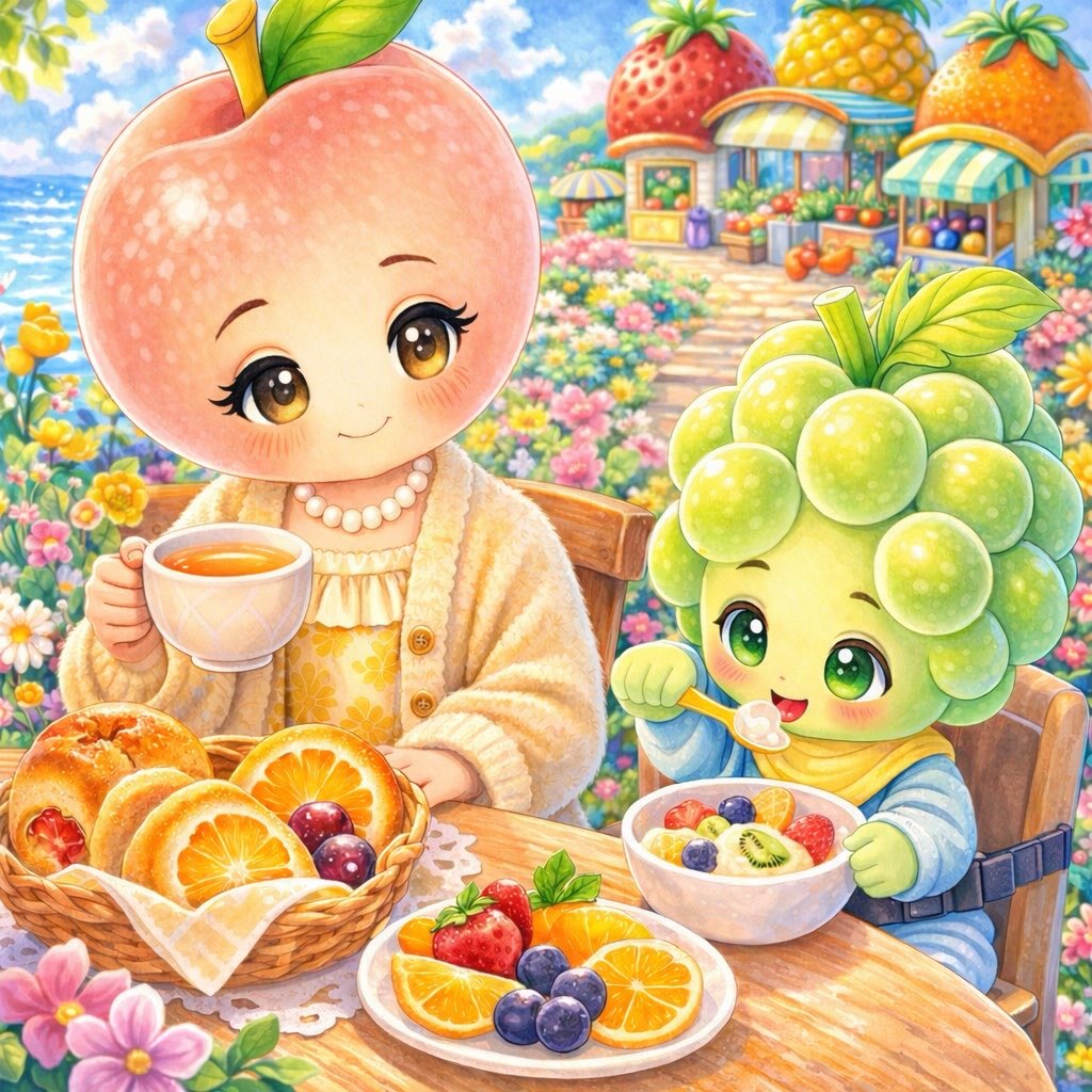 Fruitopia_K's tweet photo. おはようございます☀️
フルーツヒルズのカフェで
マダムピーチとベビーマスカットの
ゆったりモーニング☕
今日もよい一日になりますように✨
#フルートピア王国
#Fruitopia
#オリジナルキャラクター https://t.co/Go5CdZ0Uqw