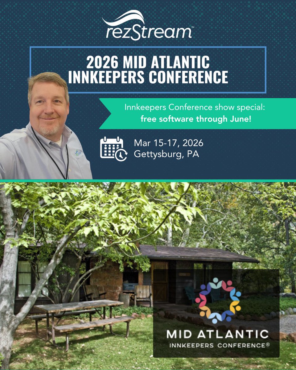 RezStream's tweet image. We’re heading to the 2026 Mid Atlantic Innkeepers Conference in Gettysburg, PA!

🎤 Don’t miss Jeff’s session:
Why Your Direct Booking Strategy is Broken and 5 Ways to Fix It
#rezStream #BetterLodgingSimplified