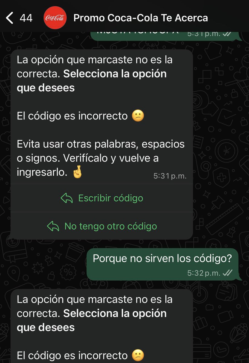 dimavill's tweet photo. @CocaColaCol @encolombiaes El mismo inconveniente, no sirven los códigos y para enviarles un mensaje por interno en X me pide verificar mi cuenta y me cobra, no vale la pena hacerlo https://t.co/f4EMZBrwzc