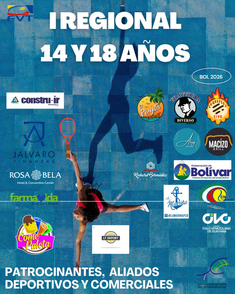 ateb2604's tweet photo. “I Torneo Regional, Grado 3 - 14 y 18 años Bolívar”  2026

Gracias a nuestros aliados comerciales:

jalvarofinanzas 
constru_ir 
hotelrosabela 
farmavidave 
LT IMPORT
comepaleta 
laplayita_clubitalo 
alaybistrobar 
lamarinapzo 
macizogrill.pzo 
la_arepera_civg 
trattoriadiverso https://t.co/qjVraRHih1