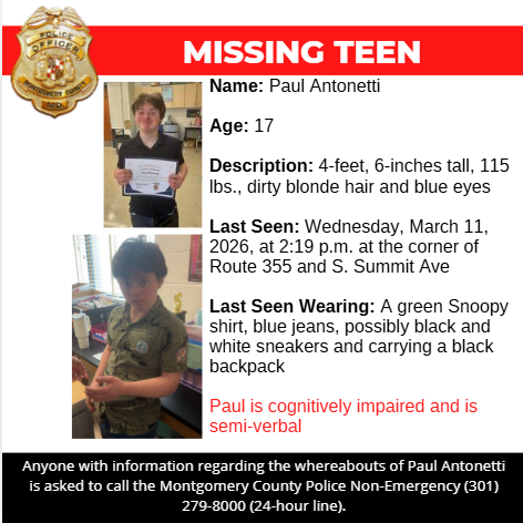 mcpnews's tweet photo. Detectives from the Montgomery County Department of Police – Special Victims Investigations Division are asking for the public’s assistance in locating Paul Antonetti, a missing 17-year-old from Gaithersburg.
https://t.co/YSeIQrVPwP
#MCPNews #MCPD #MissingPerson https://t.co/7yZhuwXa7D