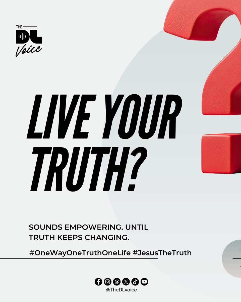 TheDLvoice's tweet photo. Follow your heart? Define yourself? Create your own reality? Live your truth?
“And ye shall know the truth, and the truth shall make you free.” — John 8:32
Jesus is The Truth.
#OneWay
#OneTruth
#OneLife
#JesusTheTruth https://t.co/ubh2NMYvfg