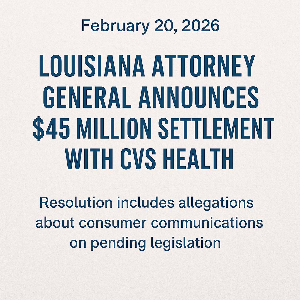 TNPharmacists's tweet photo. On February 20, 2026, Louisiana AG announced a $45M settlement with CVS Health, including allegations involving consumer communications on PBM‑related legislation. What other state have we also seen this tactic?? 🤔
#UnmaskTheMiddleman
 🔗 https://t.co/ykVlxBD18J https://t.co/ASj752l7eL