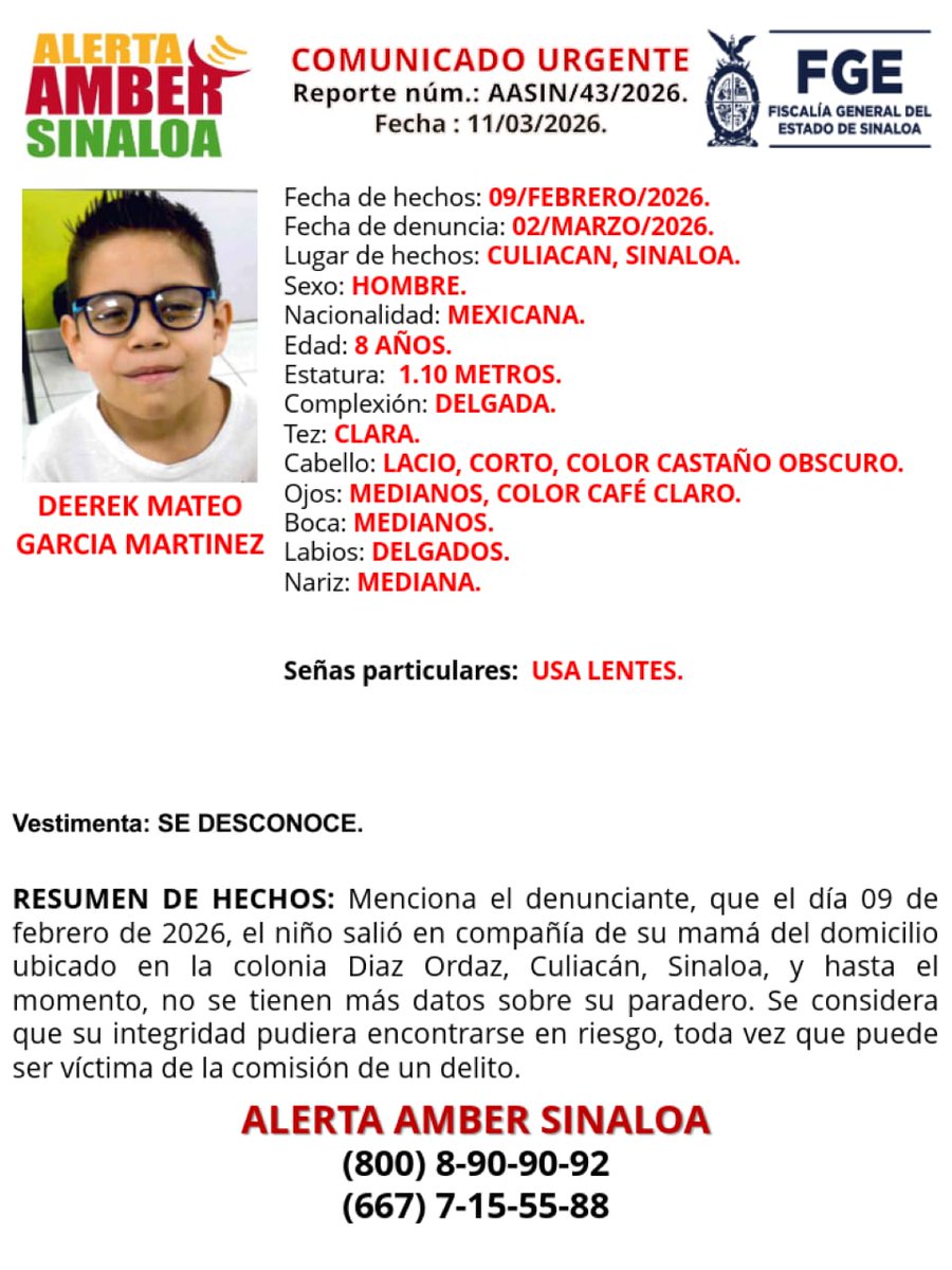 SE SOLICITA LA COLABORACIÓN DE LA SOCIEDAD PARA LOCALIZAR AL NIÑO. #AlertaAmberSinaloa #FiscaliaSinaloa