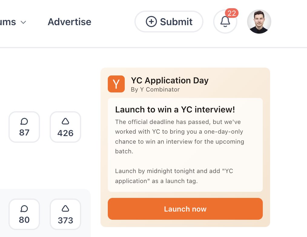 First of its kind opportunity for true makers:

1. Launch on PH tomorrow
2. Crush it
3. Win a YC interview 🟠

Great collab <a href="/ProductHunt/">Product Hunt 😸</a> ✗ <a href="/ycombinator/">Y Combinator</a>