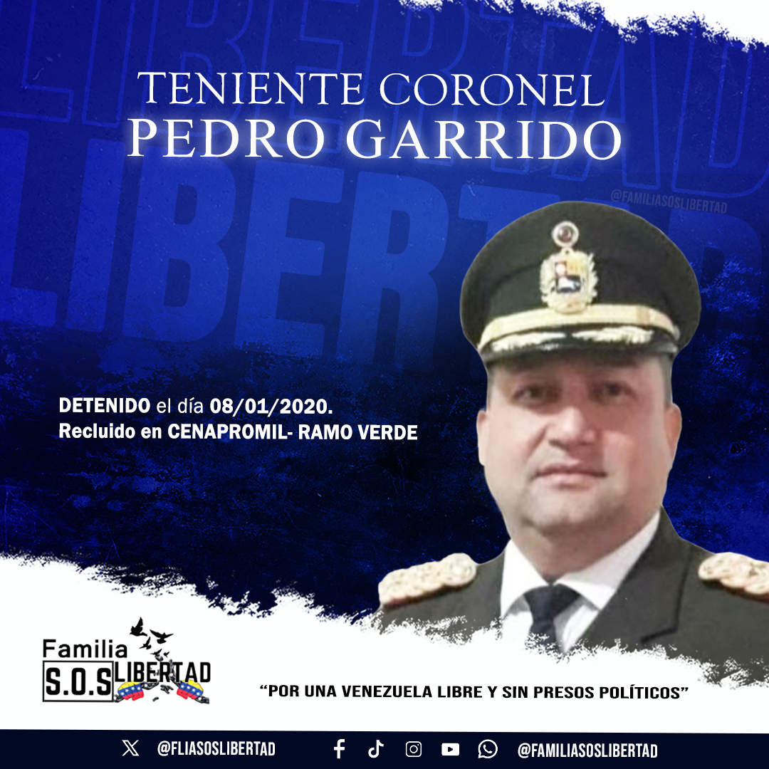 FliaSOSLibertad's tweet photo. ¡La injusticia en Venezuela no tiene límites! El TCnel. Pedro Garrido es el rostro vivo de un sistema que no respeta ni sus propias sentencias. 

Es inaceptable y cruel: Pedro ya cumplió su condena, una sentencia impuesta bajo un proceso injusto, y aun así sigue tras las rejas. ¿Cómo se explica que alguien que ya pagó su tiempo en prisión siga secuestrado por el Estado? Esto no es justicia, es un ensañamiento que busca quebrar la dignidad de un oficial y el corazón de su familia.

Pedro Garrido es víctima de un engranaje que utiliza a los seres humanos como fichas de canje. Cada día extra que pasa en una celda es un crimen contra sus derechos fundamentales. La libertad de Pedro no es una petición, es un derecho legal que ya le corresponde por ley.

No existe paz, ni diálogo, ni reconciliación posible mientras el Estado ignore sus propias boletas de excarcelación. ¡Basta de ensañarse con la familia militar y con los civiles! Exigimos la libertad inmediata de Pedro Garrido y de todos los presos políticos que hoy sufren el encierro injusto en Venezuela. 

@CorteIDH 
@usembassyve 
#LibertadParaPedroGarrido
#LibertadParaLosPresosPolíticos
#FamiliaresExigenLibertad
#FamiliaSOSLibertad