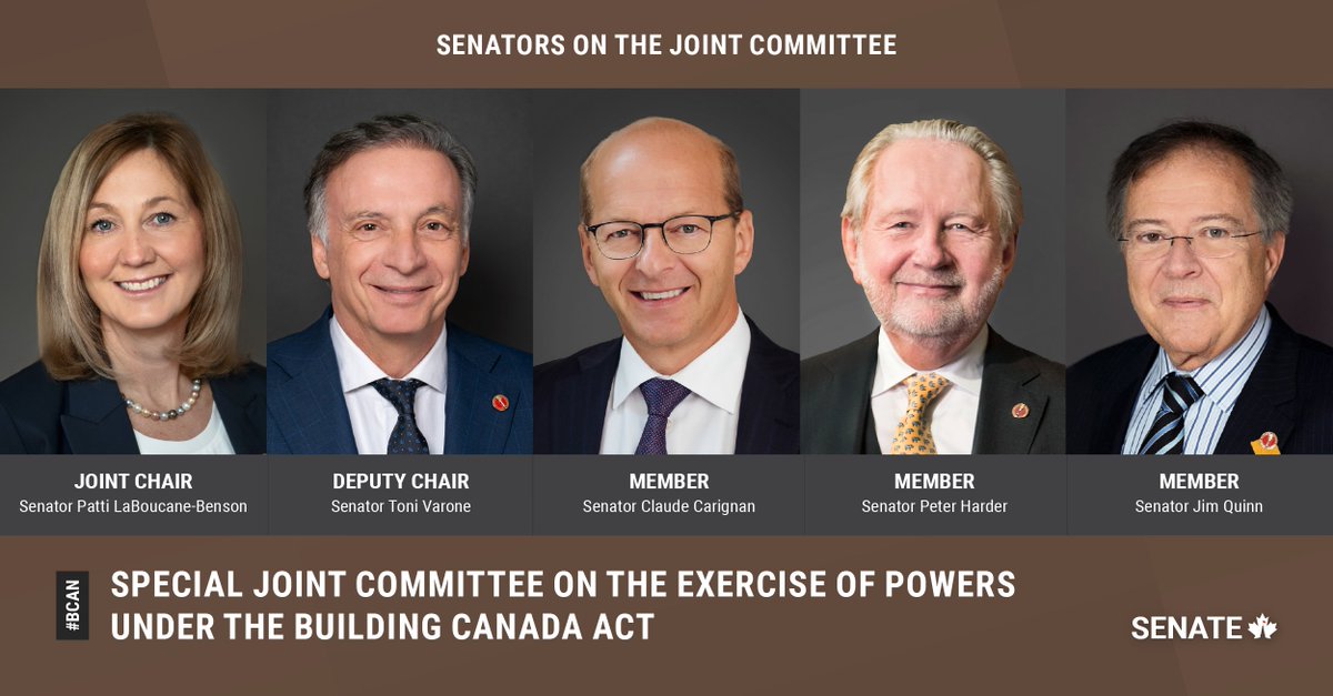 SenateCA's tweet photo. Senators on the Standing Joint Committee on the Exercise of Powers Under the Building Canada Act are Patti LaBoucane-Benson (Joint Chair), Toni Varone (Deputy Chair), @senatcarignan, Peter Harder and @SenatorJimQuinn: https://t.co/gyKClXem55

#SenCA #BCAN #CdnPoli https://t.co/SETd3oGT0i