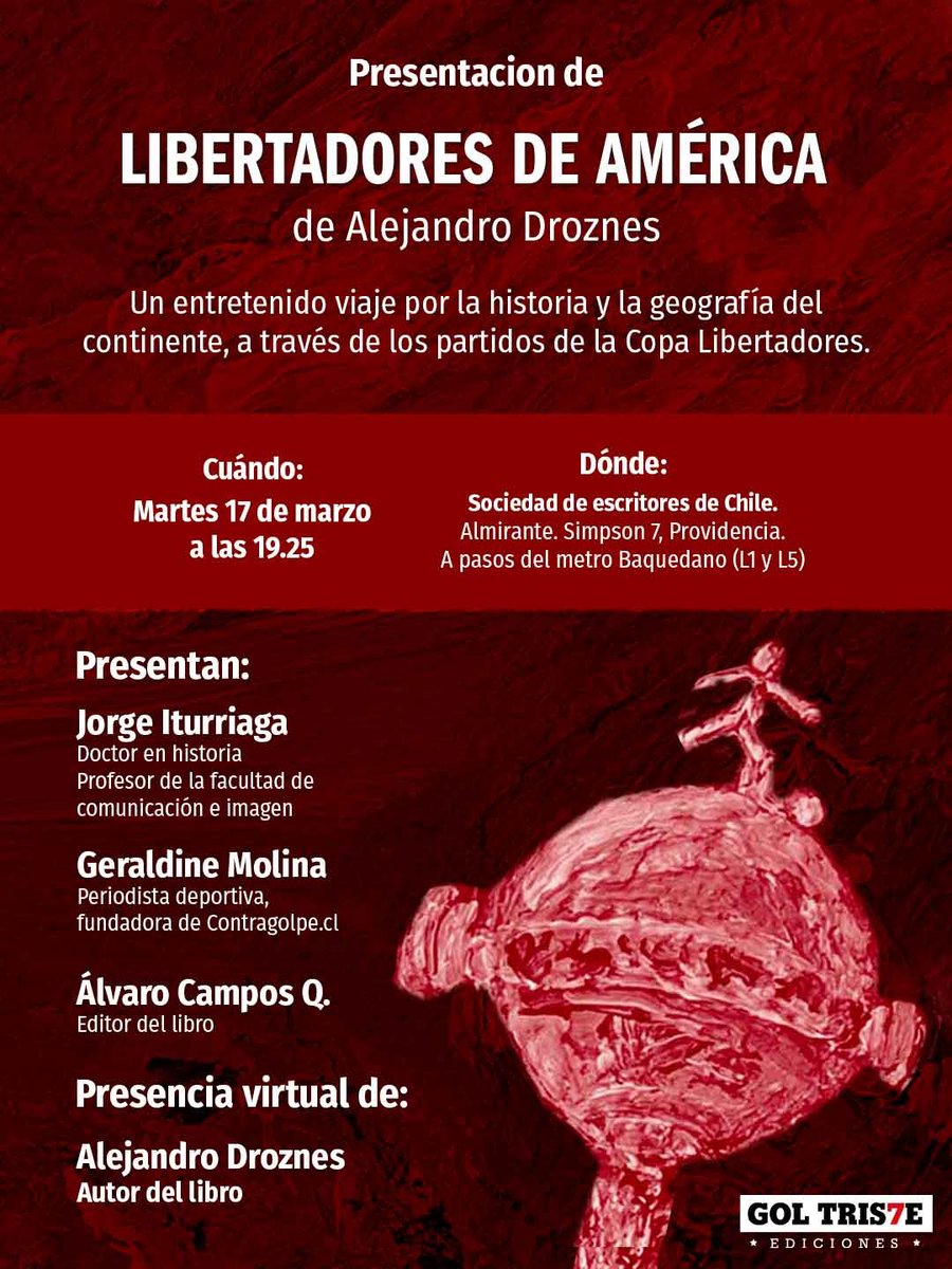 Estamos muy contentos de invitarlos al lanzamiento de nuestro nuevo libro, la edición chilena de <a href="/deamerica_/">Alejandro Droznes</a>. Se trata del primer título de nuestra colección que no es literatura exclusivamente colocolina, así que la invitación es más amplia que nunca. ¡Nos vemos el martes!