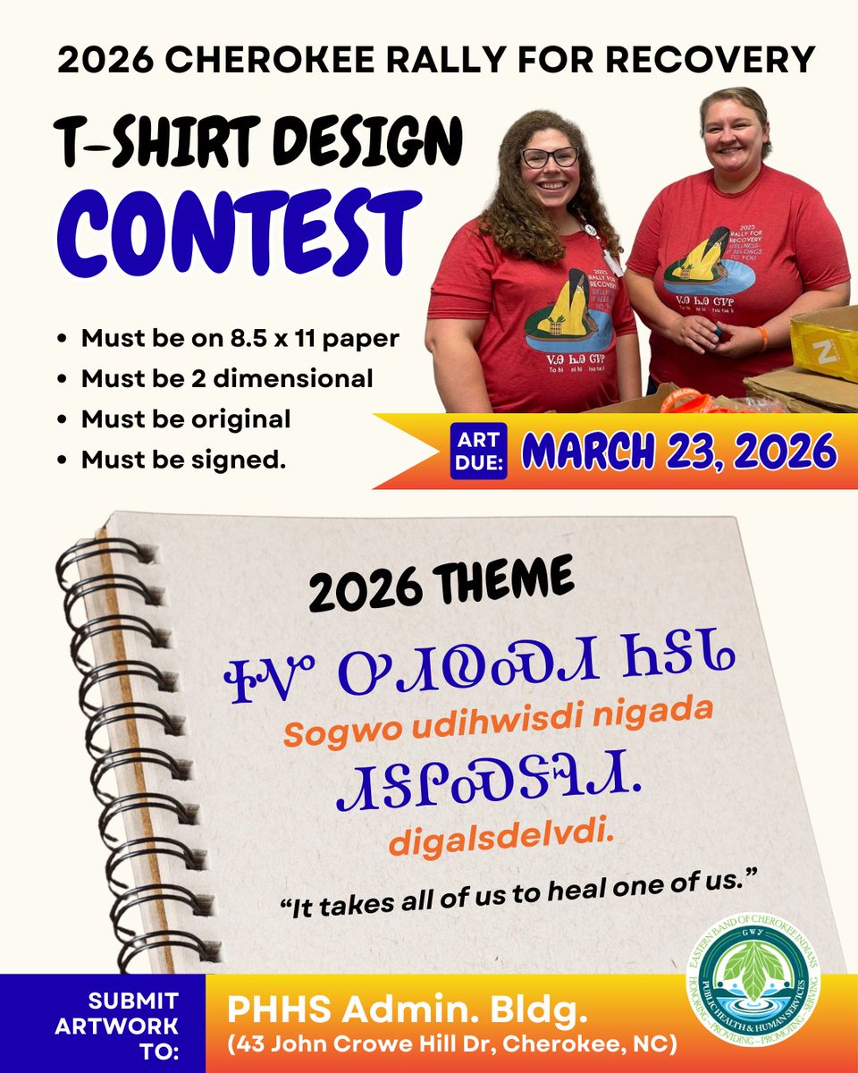 The 2026 Cherokee Rally for Recovery T-Shirt Design Contest is live! Deliver submissions to the PHHS Administration Building by 4:30 PM on Monday, March 23, 2026. 

🟡Must be on 8.5x11 paper
🟠Must be 2 dimensional
🟠Must be original
🔴Must be signed
