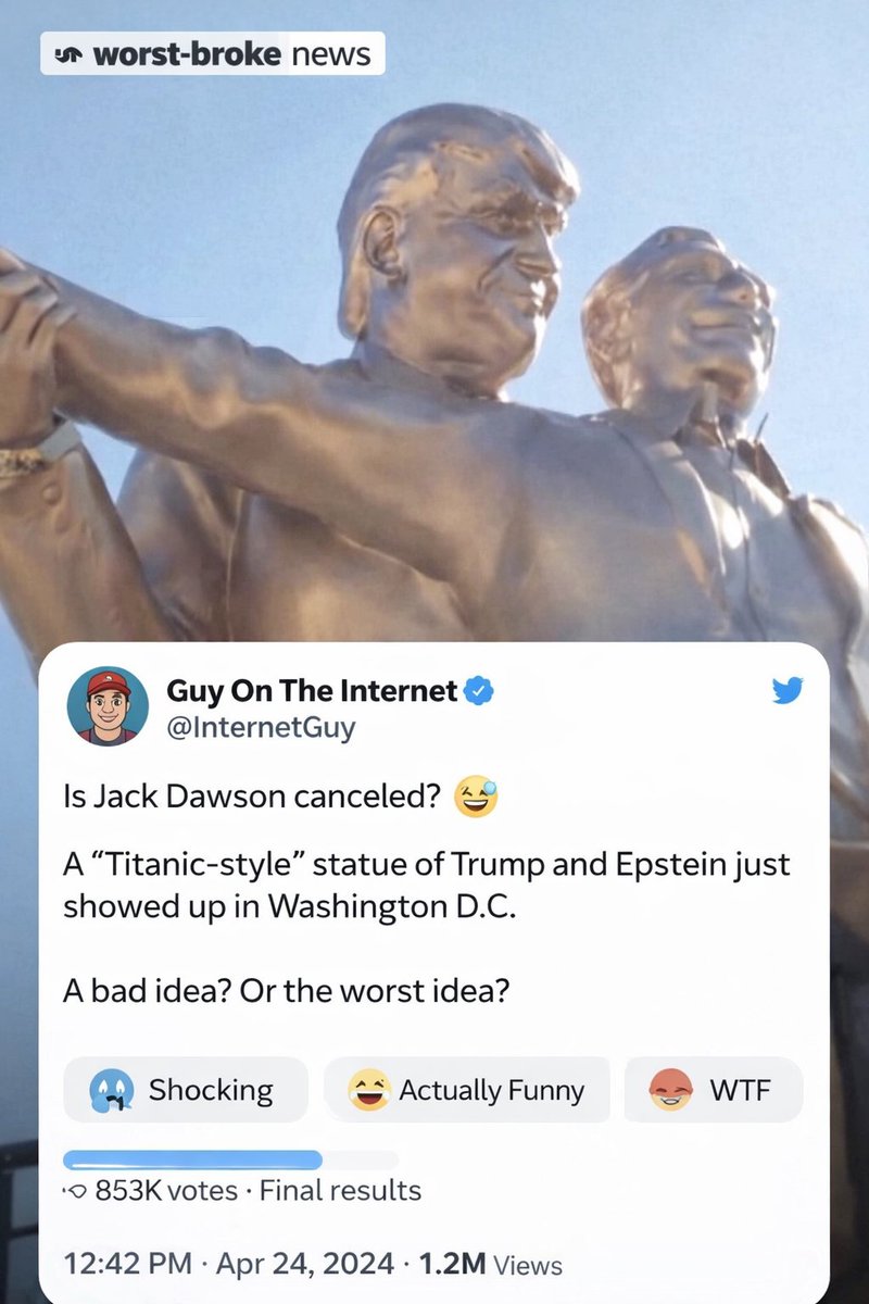 A massive “Titanic-style” sculpture of Donald Trump and Jeffrey Epstein has appeared in Washington, D.C.
Some people are cheering.
Others are furious.
The internet is divided. 🌍
What do you think about this? 👇