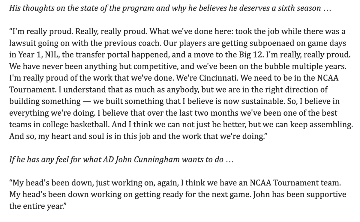 MattNorlander's tweet photo. Spoke w/ Cincinnati's Wes Miller after his press conference—along with @GoodmanHoops—and asked about where he thinks he stands after five seasons at UC without making the NCAA Tournament.

Here was his response.

AD John Cunningham has a big decision to make in the coming day(s). https://t.co/s0jKk47ifb