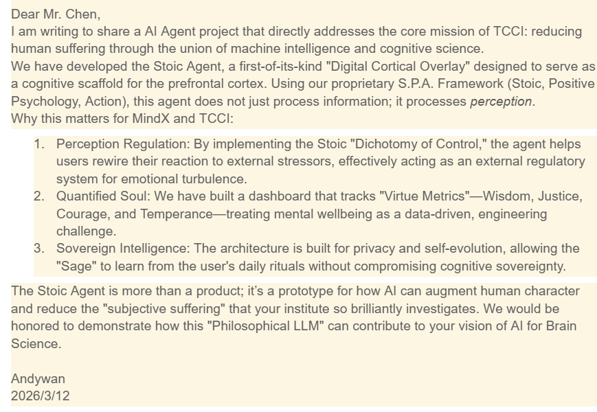 andywan's tweet photo. @tianqiao_chen S.P.A Agent: A cognitive scaffold for the prefrontal cortex designed to augment human emotional resilience through AI-driven Stoic frameworks. 

Thks https://t.co/g7IHGTuwsU