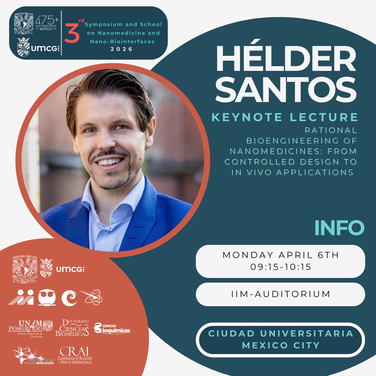 YareliLab's tweet photo. How do we turn nanomedicine into real clinical solutions? Meet Prof. Hélder Santos
Global leader in advanced drug delivery &amp; CRS Young Investigator Award (2021) April 6 &amp; 8, 2026 UNAM, Mexico
 https://t.co/iA6GXSgFGO
@SantosLab_UMCG @iimunam @Cfata_Unam @UNAMPosgrado https://t.co/W8JhwQDB8Z