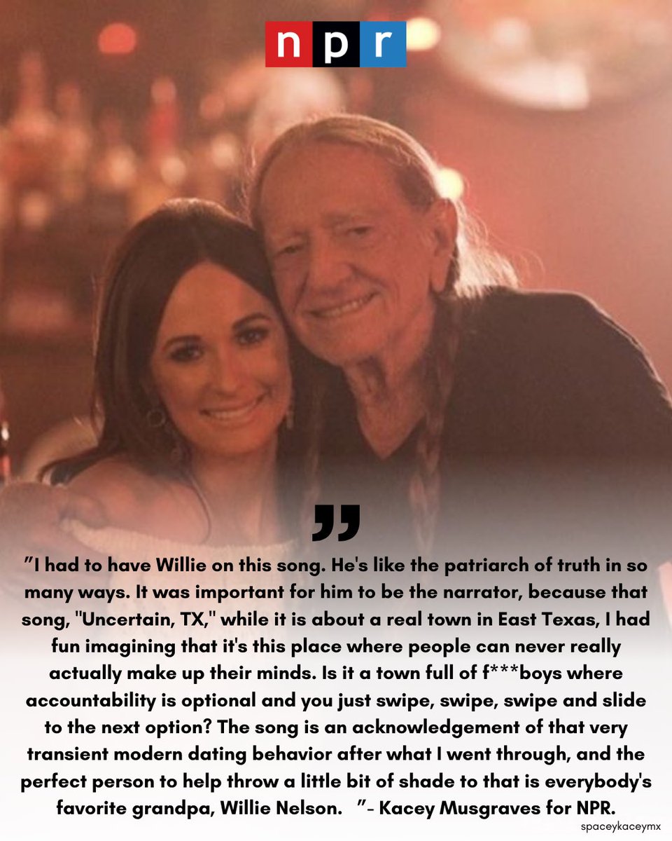 spaceykaceymx's tweet image. Kacey Musgraves talks to NPR about her collaboration with Willie Nelson in the song “Uncertain, TX” , included in her upcoming album “Middle of Nowhere” @KaceyMusgraves