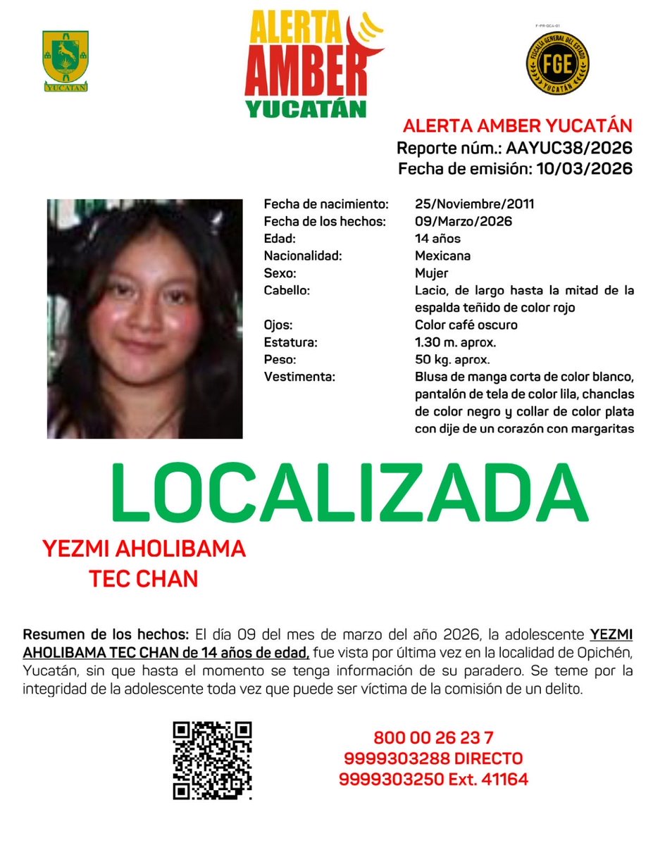 #AAYUC Informa de la DESACTIVACIÓN de la ALERTA AMBER Estatal de la adolescente YEZMI AHOLIBAMA TEC CHAN de 14 años de edad, misma que fue activada el día 10 del mes de marzo del año 2026, en el Estado de Yucatán, lo anterior por haber sido LOCALIZADA. <a href="/fgeyucatan/">FGE Yucatán</a>