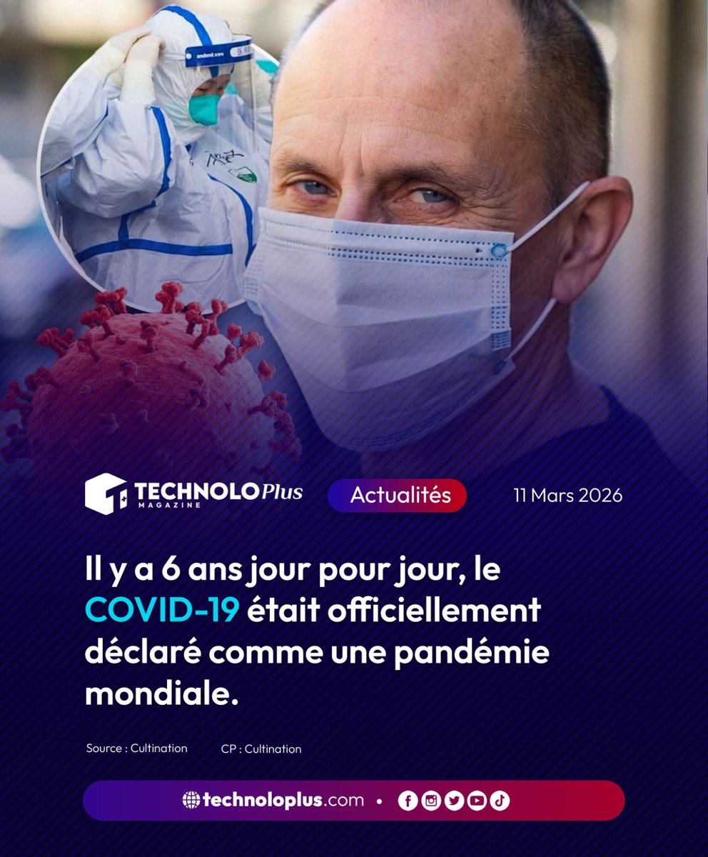 technoloplus's tweet photo. Le 11 mars 2026 marque exactement 6 ans depuis que l'OMS a déclaré la COVID-19 comme pandémie mondiale le 11 mars 2020 Instagram. Durant ces six années, la gestion de la crise a évolué, passant de restrictions strictes à la vaccination et à la gestion du virus dans la vie... https://t.co/drzCZN0JDe