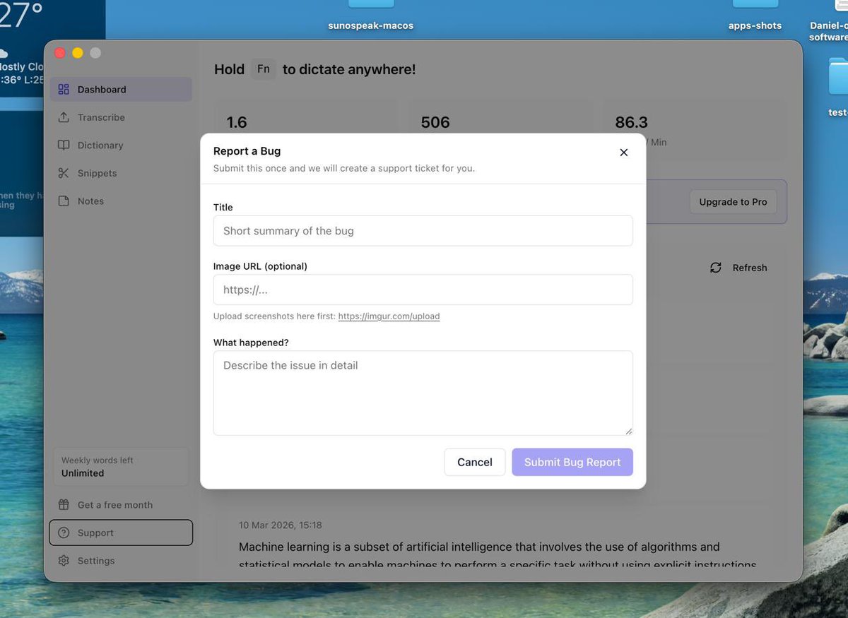 iamdanztee's tweet photo. Now handling @sunospeak bug reports inside the app… couldn’t find a proper solution, so I had to build something quickly myself 😔. https://t.co/RJ0e8At6VK
