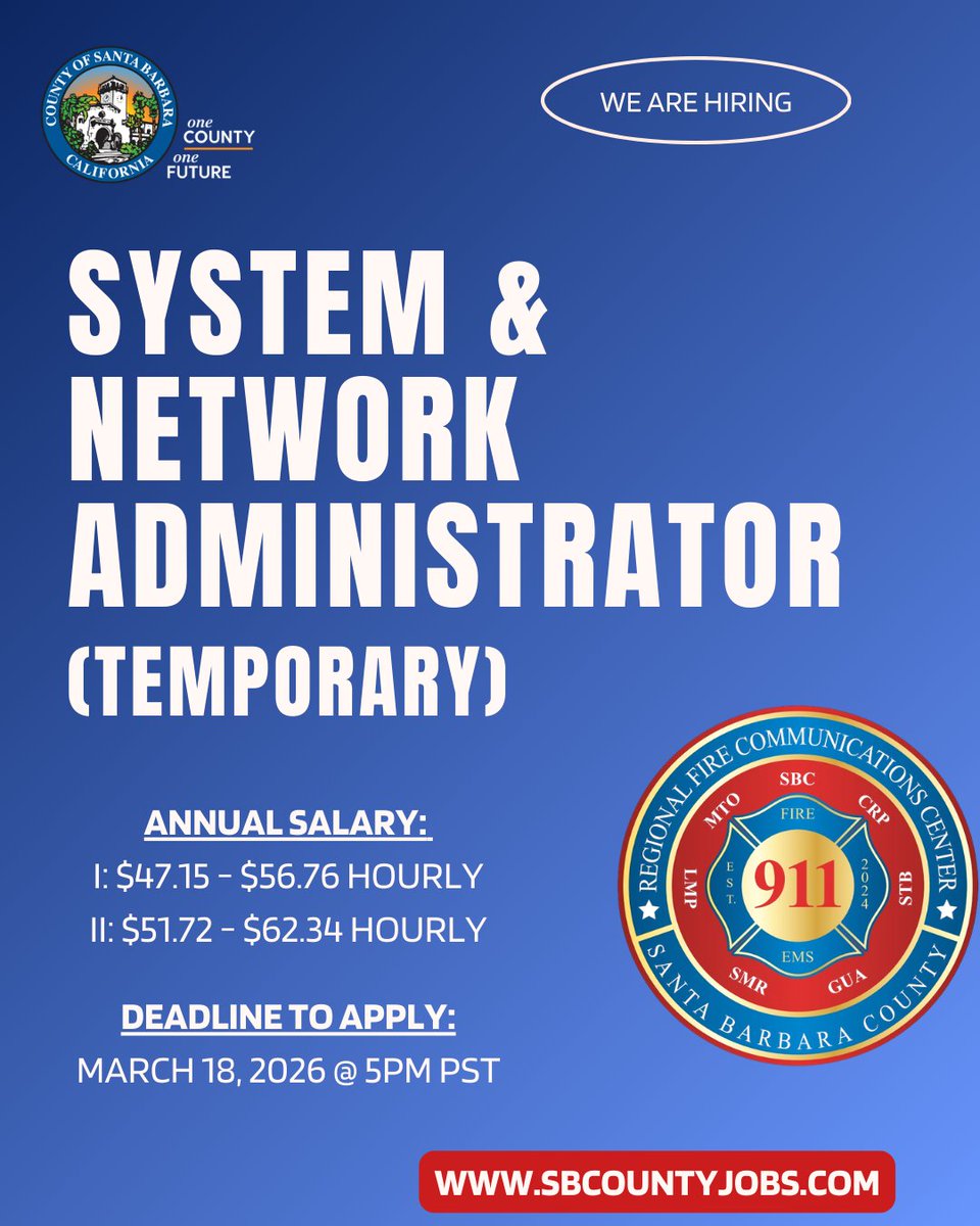 CountySBCareers's tweet photo. We are currently accepting applications to fill a System &amp; Network Administrator (Temporary) position in Santa Barbara, CA.
For more information, please visit www.SbCountyJobs.comfor additional information.
Deadline to apply is 03/18/2026 at 5pm PST. #NowHiring #SantaBarbaraJobs https://t.co/epEDuCbeRR