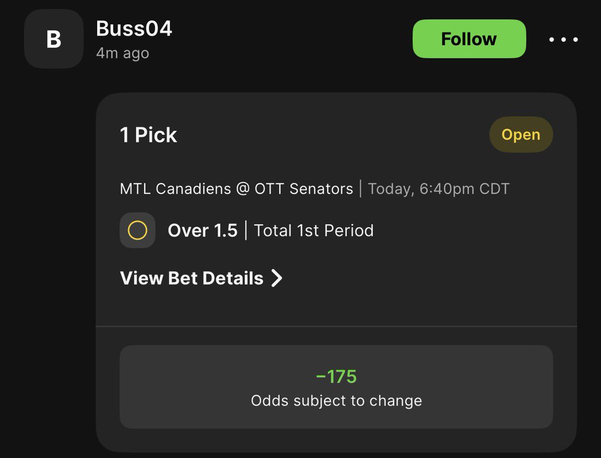fadingjonbuss's tweet photo. Jon has blessed us once again. U 1.5 Total first period +116. Let’s ride and pay for Spreak

Currently 7-2-1 +7.95u https://t.co/gI1Ms8KtVa