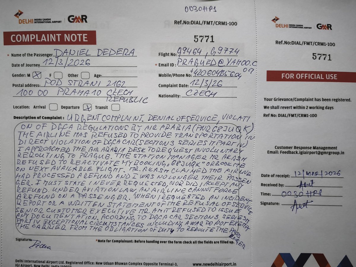 Daniel97891897's tweet photo. @MoCA_GoI @DGCAIndia @AirSewaSupport Air Arabia Delhi staff (Akash) claims laws do not apply due to war. They forced a refund without my consent to avoid rerouting obligation under CAR Section 3. AirSewa Case ID CH909184 is being ignored by airline Nodal Officer. Please help! https://t.co/CNBJ691sox