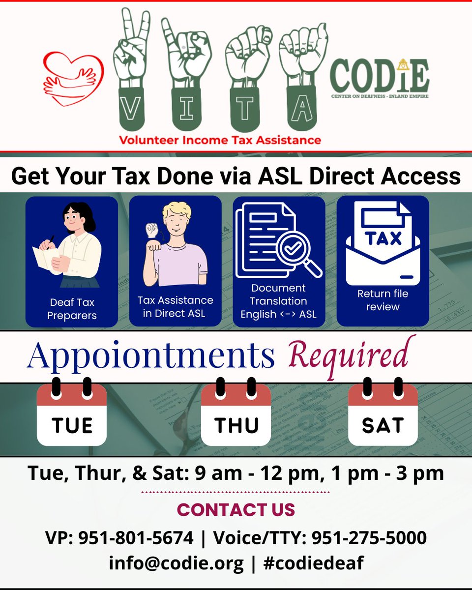 CODIEdeaf's tweet image. FREE ASL-direct tax assistance at CODIE through April 11.

🗓 Tues, Thurs, Sat
⏰ 9–12 &amp;amp; 1–3
Schedule today:
📞 951-275-5000 Voice
📹 951-801-5674 VP
📧 info@codie.org

#vita #codiedeaf #freetaxassistance #fordeafhardofhearingcommunity #latedeafenedcommunity