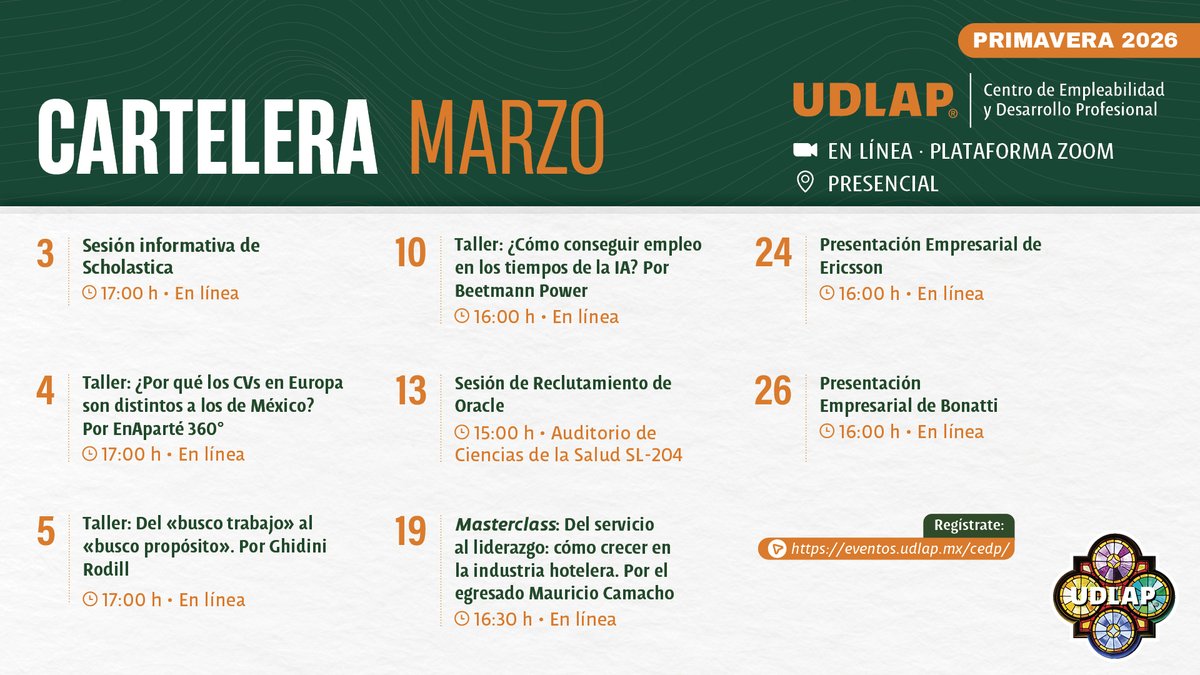 CDP_UDLAP's tweet photo. Conecta con líderes, descubre nuevas oportunidades y fortalece tu empleabilidad.
Consulta los eventos de este mes: 
👉https://t.co/2WHlNhvniK 
#TalentoUDLAP #CEDPUDLAP #EmpleabilidadUDLAP #RedDeEmpleoUDLAP #OrgulloUDLAP #LoMejordelaUDLAPEresTú  #UDLAP https://t.co/4cV9LQM0lD