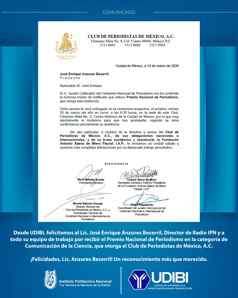 UDIBI_IPN's tweet photo. Felicitamos al Lic. José Enrique Anzures Becerril, Director de @RadioIPNOficial, y a todo su equipo de trabajo, por recibir el Premio Nacional de Periodismo en la categoría de Comunicación de la Ciencia.
¡Un Huélum para #RadioIPN!
#PremioNacionalDePeriodismo #IPN https://t.co/FzooXAKBl8