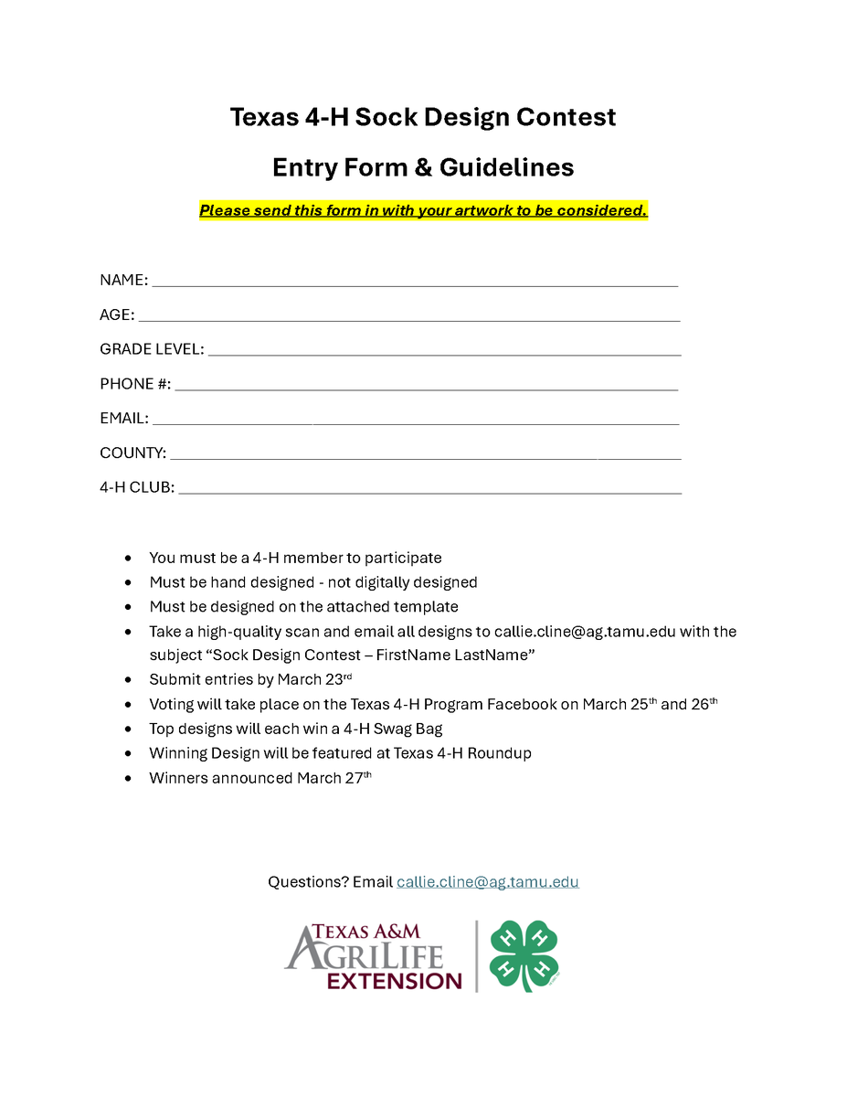 TAMUagrilifeExt's tweet photo. Texas 4-H Sock Design Contest📷entries due 03/23/26:  Must be a 4-H member to participate. See details in images. https://t.co/a3nB9XkCUB
#socks #design #RockwallCounty4H https://t.co/AftojesTCk