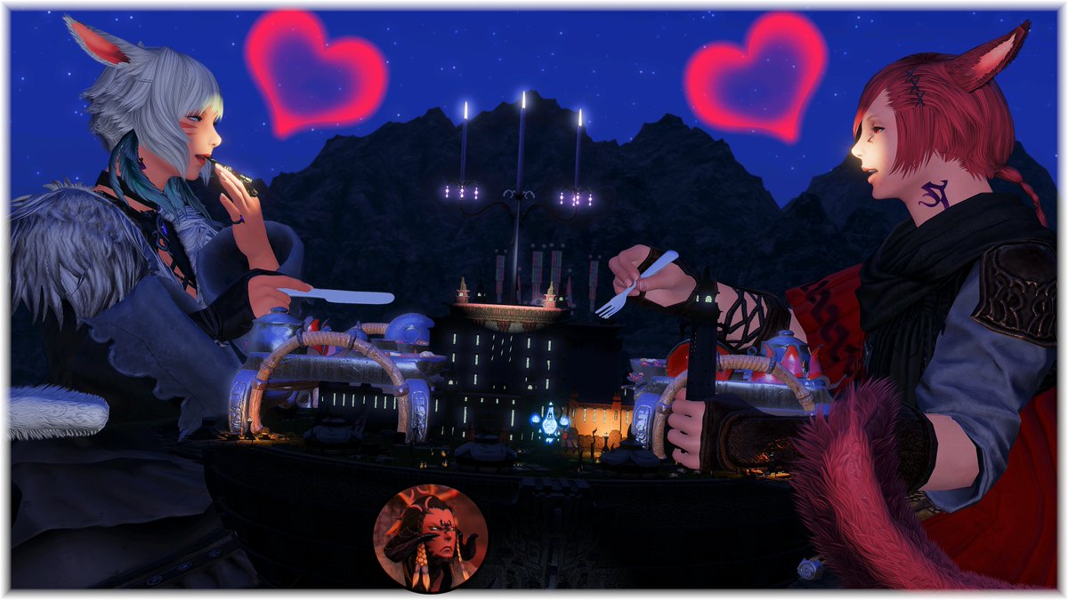 Macro Miqo'te March #11: Romantic Dinner

Two big cats having a romantic dinner date, using the only table around large enough for the two of them. Sorry, Magnai.