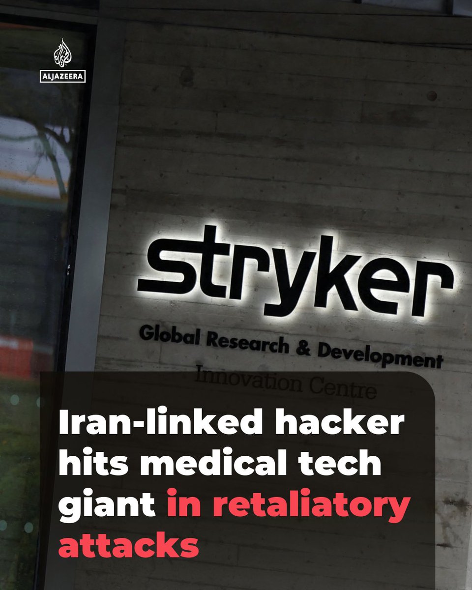 AJEnglish's tweet photo. Iran‑linked hackers hit US medical giant Stryker in a cyberattack, claiming 50TB of data in retaliation for US‑Israeli strikes in Iran, disrupting the company’s global networks https://t.co/NSpT3E43Su https://t.co/nqVVNtjLOw