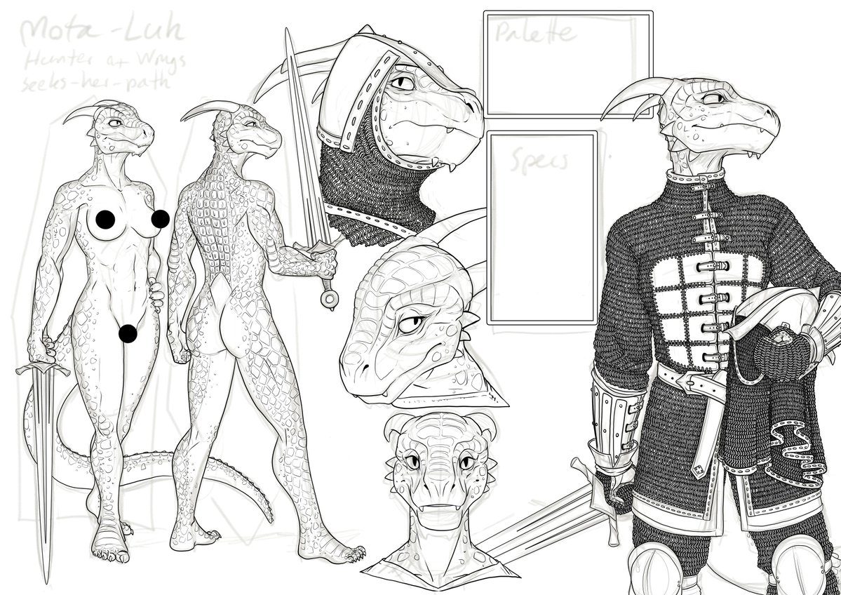 Making ref-sheets again! This work in progress is for a friend on my Discord server, featuring her Argonian guard, Mota-Luh.

Her maille, named "Second Scale", is a take on the Cyrodiilic variant during the Oblivin Crisis, but with a couple changes.