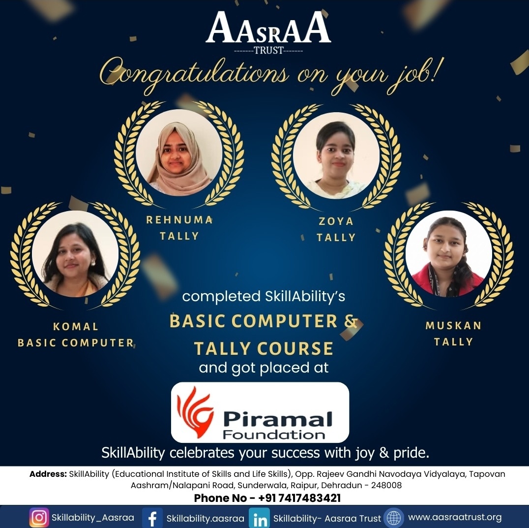NKTB's tweet image. From learning to earning.
Congratulations to our 4 achievers on completing the Tally course @AasraaTrust Skill Centre and taking the 1st step towards a career with #piramalfoundation. You are an inspiration for others to dream big.