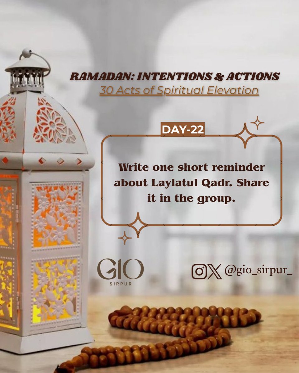 Speak a reminder.
Spread the light of Laylatul Qadr.✨
#RamadanIntentionsAndActions
#Day22
#LaylatulQadr
#ShareTheKhair
#SeekTheNight
<a href="/gio_sirpur_/">GIO SIRPUR</a>
@giotelangana