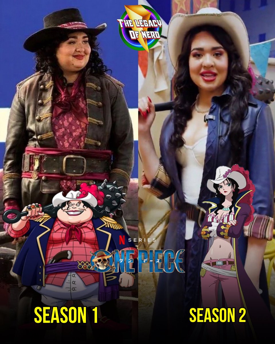 One Piece actress Ilia Isorelýs Paulino as Captain Alvida from Season 1 to Season 2

In the anime Captain Alvida loses a lot of weight after eating the Sube Sube no Mi fruit, so to match the character Ilia lost the weight in between filming Season 1 and 2