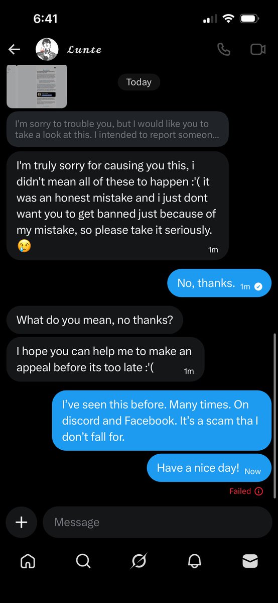 xx_mothman's tweet photo. If you see this user and get a message, ignore it. They probably got hacked and now someone is trying to trick people with this very familiar scam. Don’t fall for it! Protect yourselves and report the following user. @Lilleelunteee https://t.co/I6tHk0QoFt