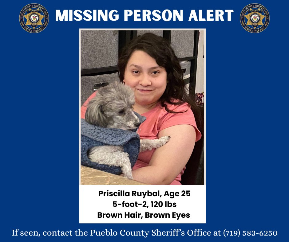 Missing Person Alert
We're seeking info on the whereabouts of a Missing at-risk adult. Priscilla Ruybal, 25, was reported missing from her Pueblo West home early this morning (3/11/26) by a family member. Ruybal, who has an intellectual disability, left her home at 5:45 a.m. 1/2