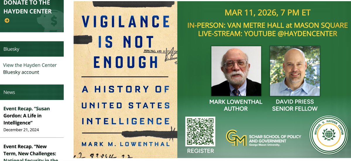 christinayiotis's tweet photo. Highly informative &amp; entertaining "Vigilance is Not Enough" w/ Dr. Mark Lowenthal &amp; Moderator David Priess, PhD @mvhaydencenter Senior Fellow. Thanks @GeorgeMasonU @ScharSchool Dean @MarkJRozellGMU and @LarryPfeifferDC, as always, for such great programming! #ICHistory #FiveEyes https://t.co/EZyMTo0oYJ