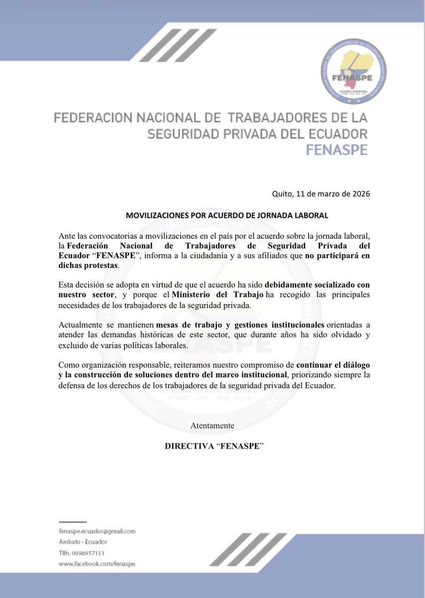 🔴🔴🔴
#Atención 
COMUNICADO OFICIAL 📍
👮🏼‍♂️Los trabajadores de la seguridad privada del Ecuador. frente a la movilizaciones por acuerdo de jornada laboral📌
👉No participaremos. 
<a href="/haburbano/">Harold Burbano</a> 
<a href="/MinTrabajoEc/">Ministerio del Trabajo Ecuador 🇪🇨</a> 
<a href="/CUToficial_ec/">Central Unitaria de Trabajadores del Ecuador CUT</a> 
<a href="/EcuadorGuardias/">Guardias Ecuador</a>