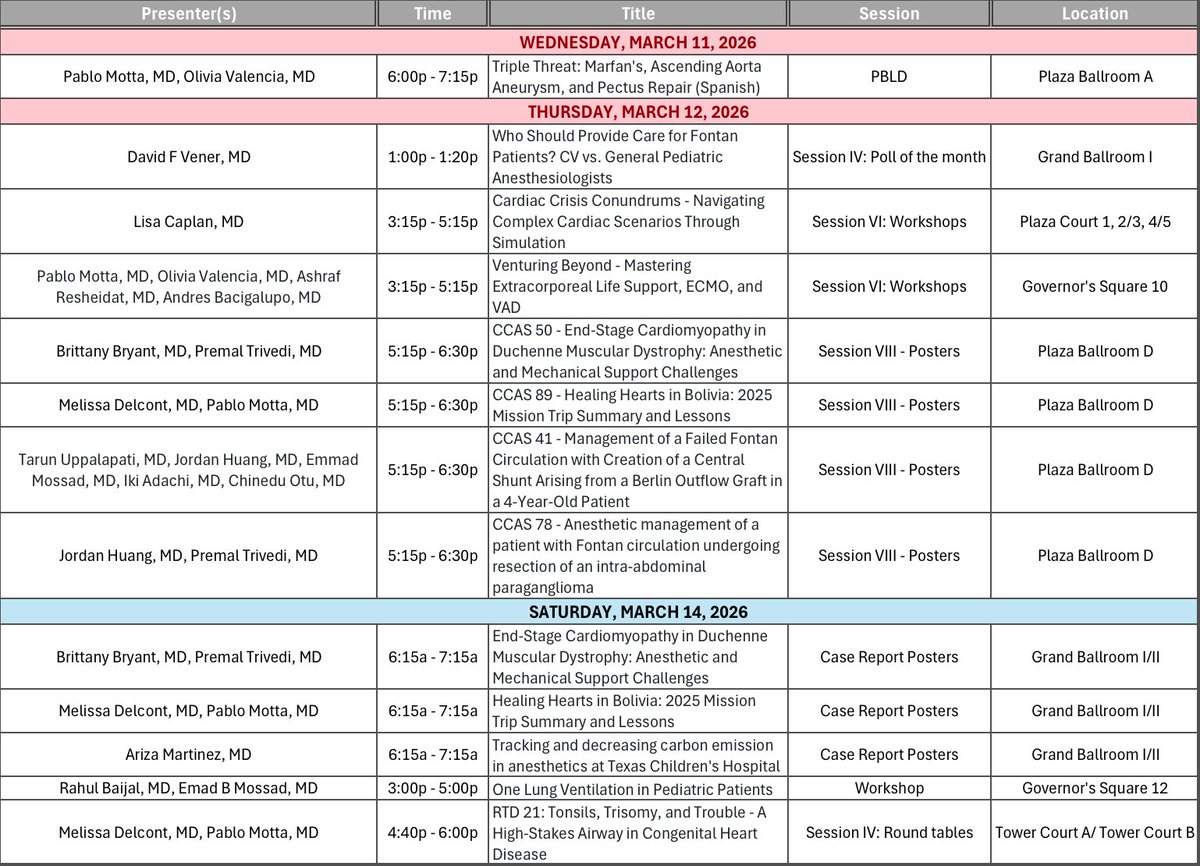 BCM_PedCarAnes's tweet photo. Welcome to CCAS &amp; SPA-AAP Annual Meetings! We invite you to attend our national presentations, workshops and round table discussions led by our division members. See y’all soon! #ccas26 #PedsAnes26
@PedsCardiacAnes @PediAnesthesia @ASALifeline @BCMAnesthesia @TCHheartcenter https://t.co/7m885PD5am