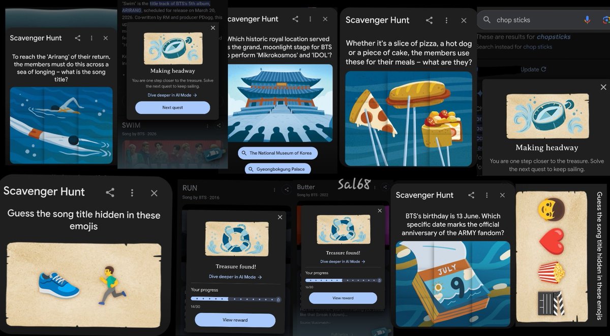 7btsfilmout's tweet photo. I'm only left with 5 quests on the #BTSxGoogle scavenger hunt. Today's quest I got BTS songs "Life Goes On", "RUN", "Butter", " SWIM", "Boy With Luv".
ARMY Day too - 2013 9th July.
Those quest titles confused me
#BTS_ARIRANG #BTS #방탄소년단 #아포방포 #아미 https://t.co/vnE4tPYMyX