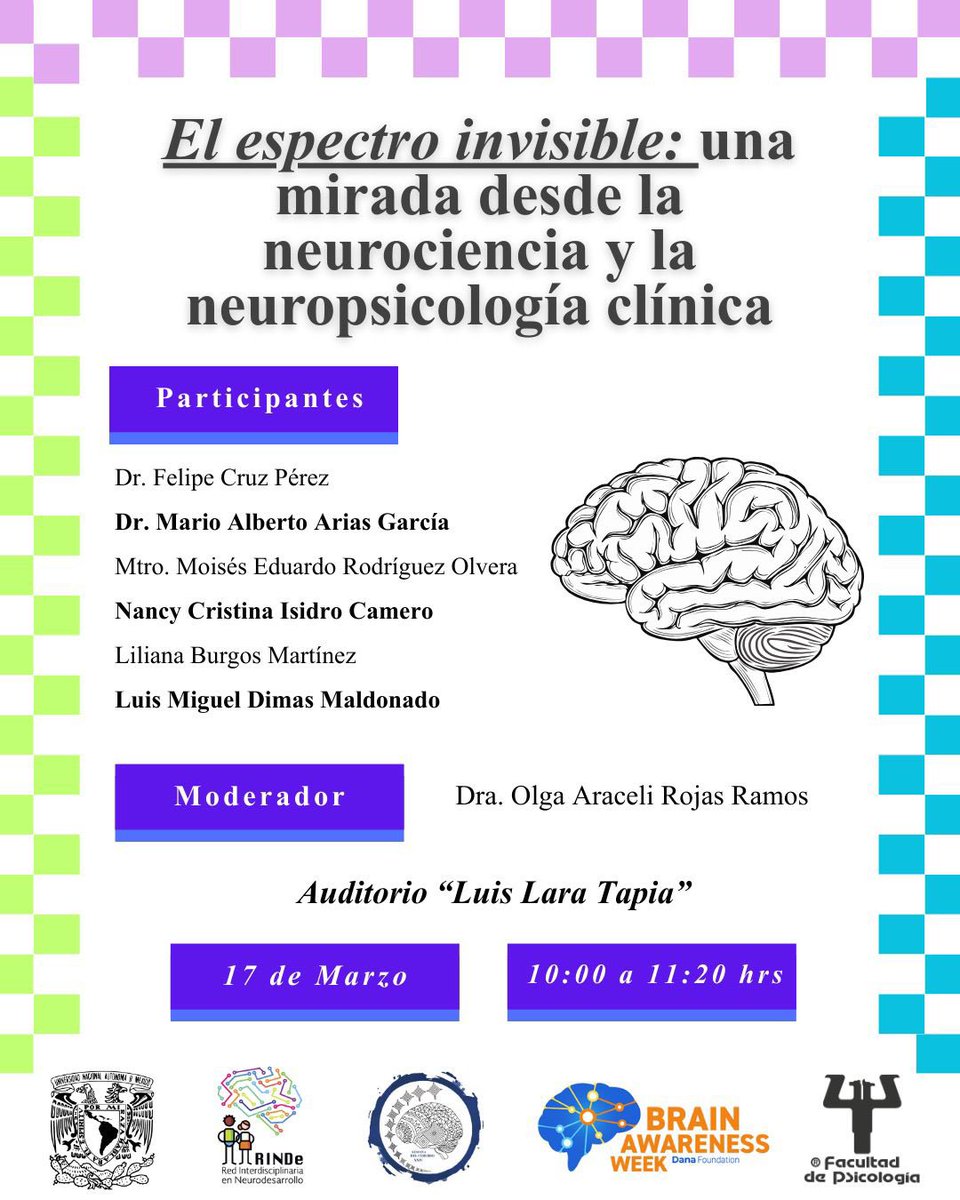 RINDe_UNAM's tweet photo. Hablemos de lo que no siempre se ve. 🧠🧬
Acompáñanos en el conversatorio: "El espectro invisible: una mirada desde la neurociencia y la neuropsicología clínica".
🗓 17 marzo
🕙 10:00 hrs
📍 Auditorio “Luis Lara Tapia”, Facultad de Psicología UNAM.
#SemanaDelCerebro #RINDe #UNAM https://t.co/PYfICLEG4j